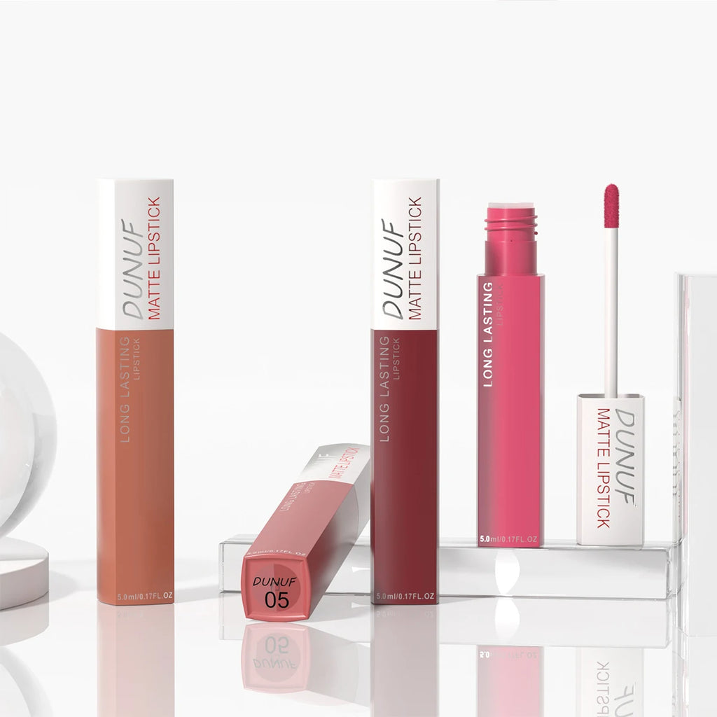 8-piece matte lipstick set with nude, red, and mauve shades in long-lasting, non-stick, waterproof formulas.