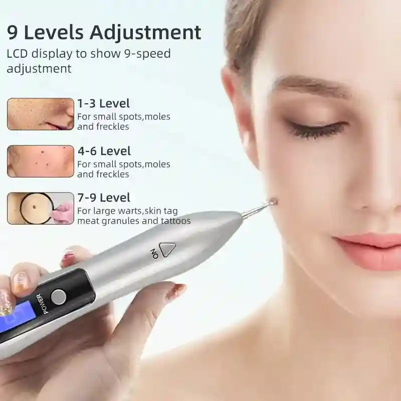 Handheld 9-level LCD skin tag, mole, and tattoo removal pen for home use, silver finish, unisex beauty device.