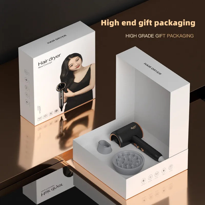 Black 2400W high-speed hair dryer set with diffuser and nozzle in premium gift packaging for home or salon use.