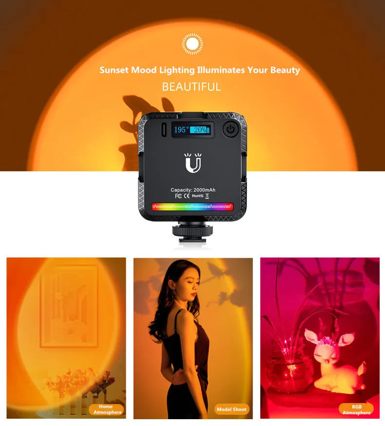 Square black LED video light with a digital display and color range strip, used for photography and mood lighting.