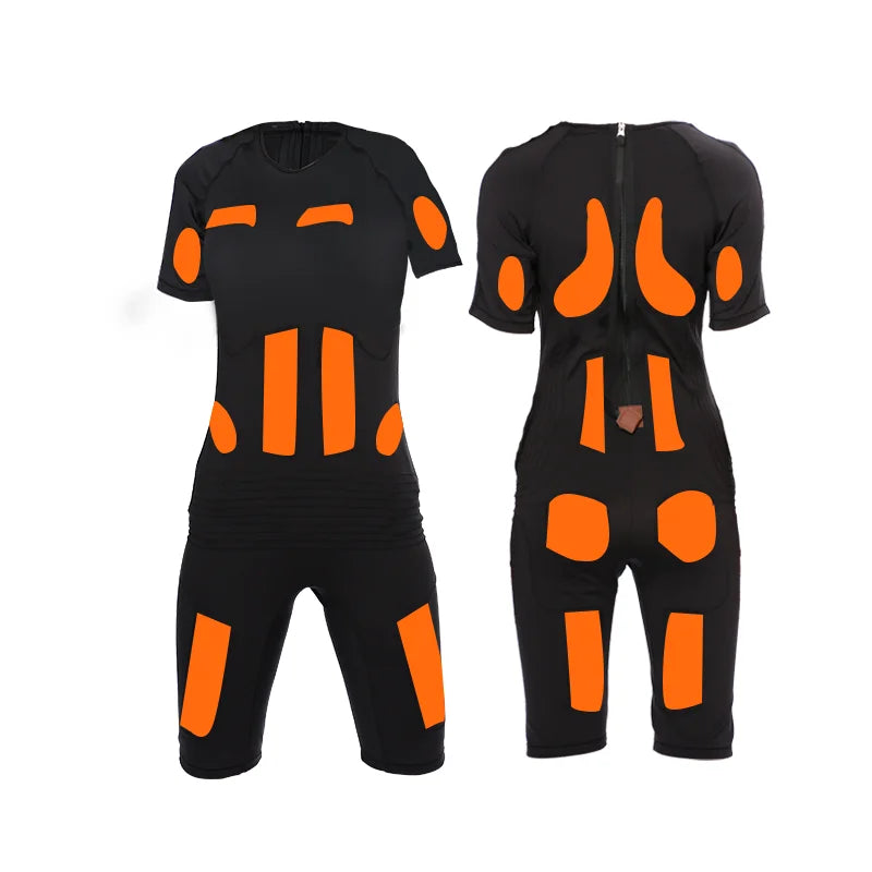 Wireless EMS muscle training suit in black with orange electrode pads for home gym fitness workouts.