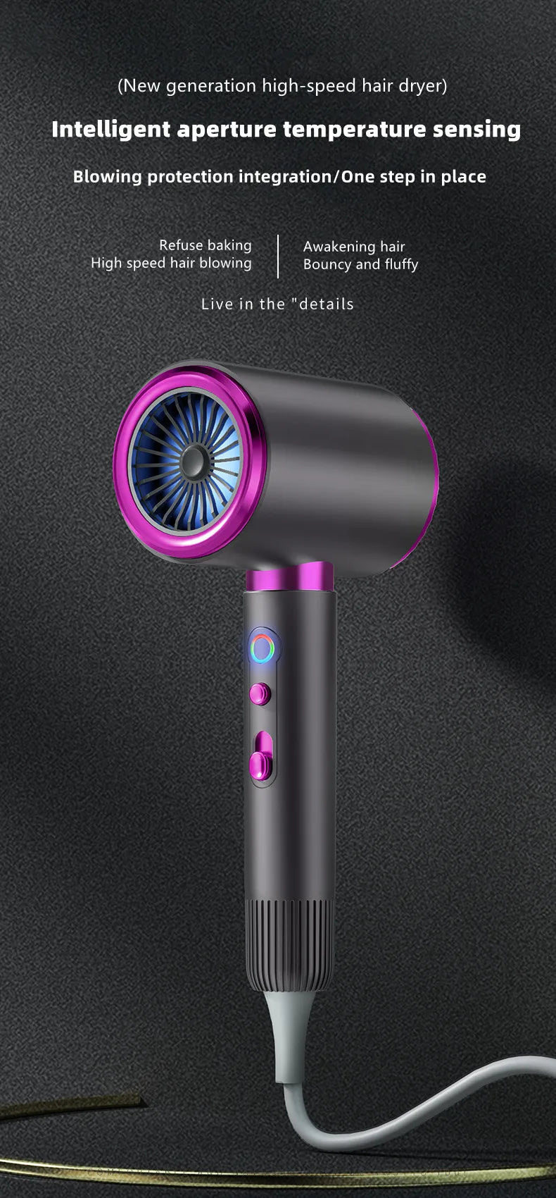 2400W high-speed negative ion hair dryer in gray and purple with intelligent temperature sensing for salon-style hair.