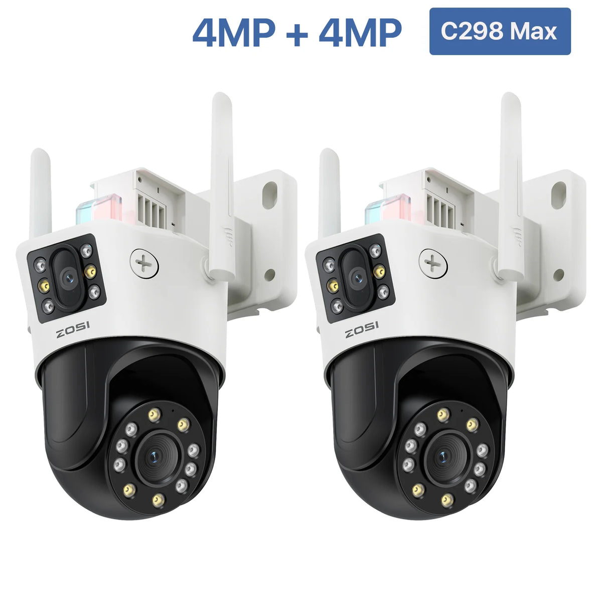 C298 Max dual-lens WiFi PTZ security cameras, two-pack in white and black housing