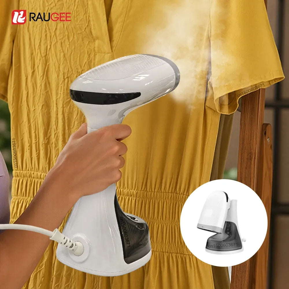 Handheld garment steamer smoothing wrinkles on a yellow dress, with steam releasing from the white device.