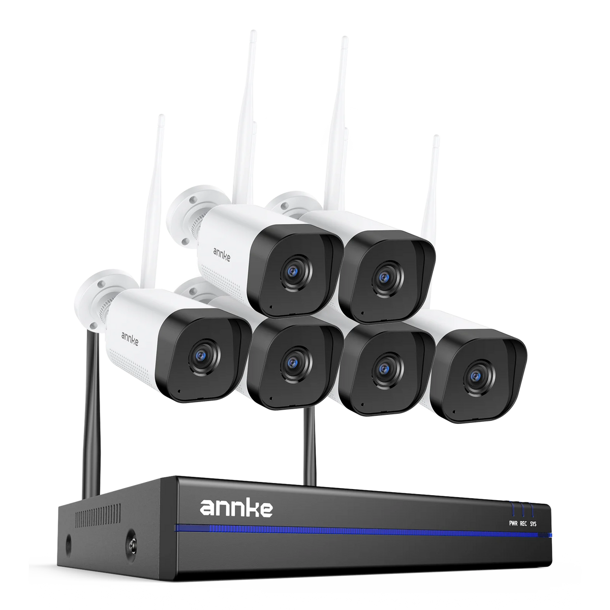 Annke WiFi security camera kit: NVR with five bullet cameras, white antennas and black lenses