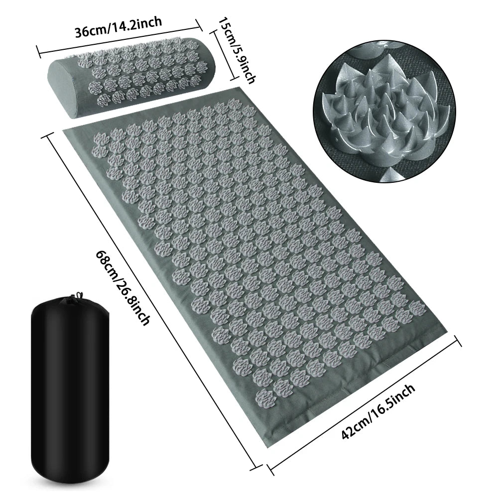 Gray acupressure mat and pillow set with lotus-shaped plastic spikes, including a black carrying bag and dimensions.