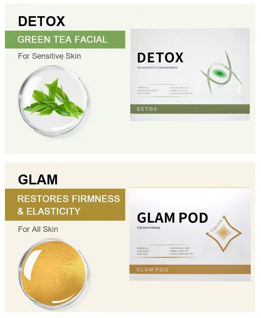 Oxygen jet facial device pods for detox and glam skin rejuvenation, featuring green tea and firming serum capsules.