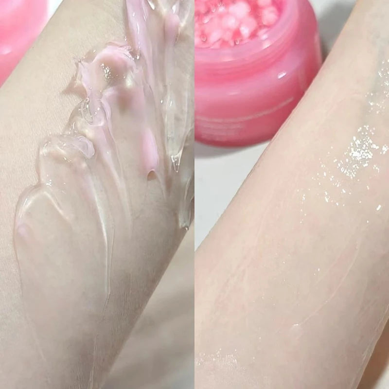 A split-screen showing pink, gel-like face cream being swatched on skin next to a pink jar filled with cream capsules.