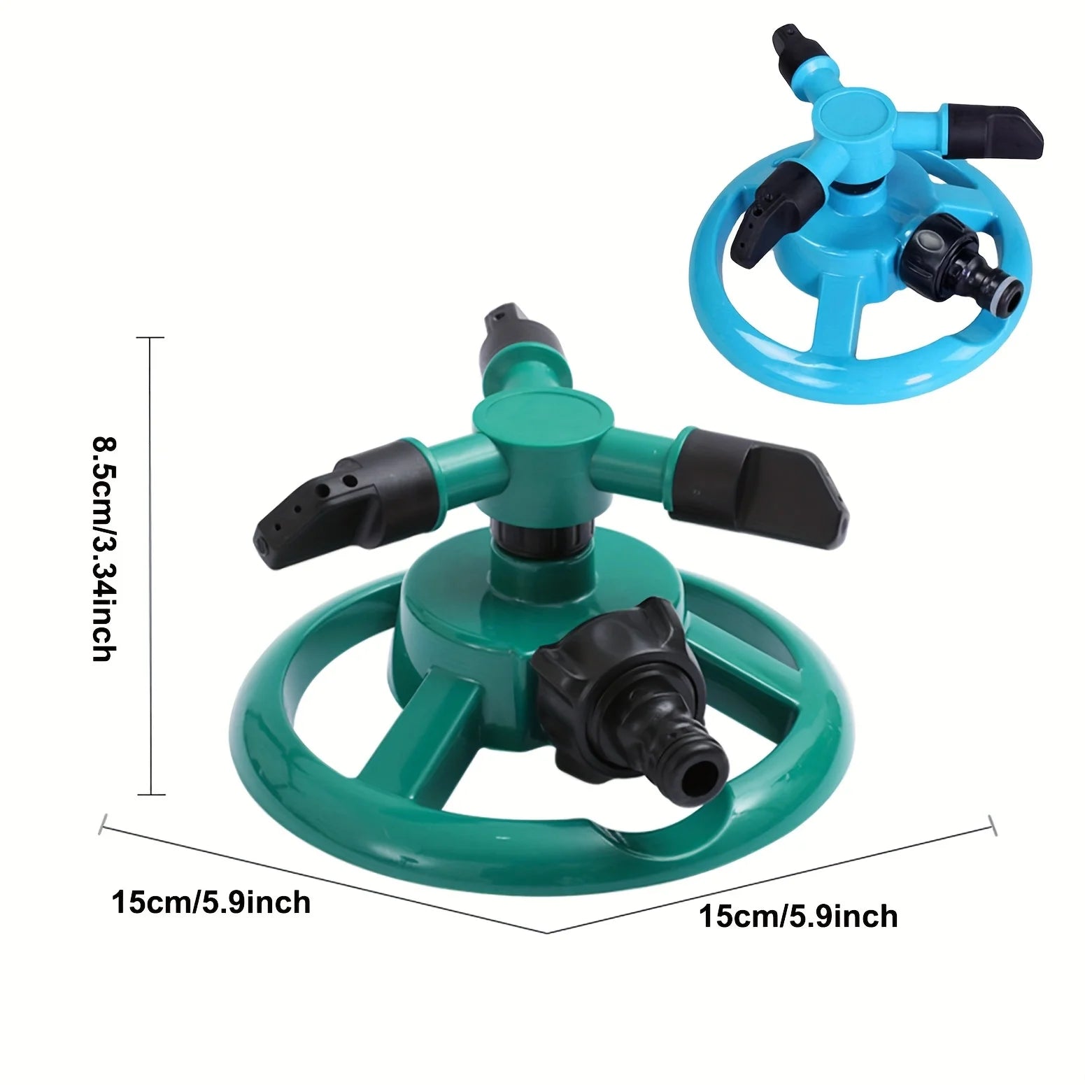 Teal 3-arm rotary sprinkler with black spray nozzles and five-point base for lawns.