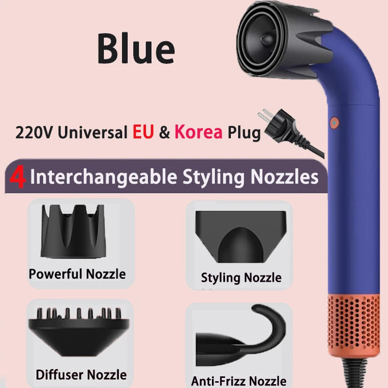 Blue 1400W hair dryer with 4 styling nozzles, diffuser, and EU plug for fast, low-noise professional hair care.