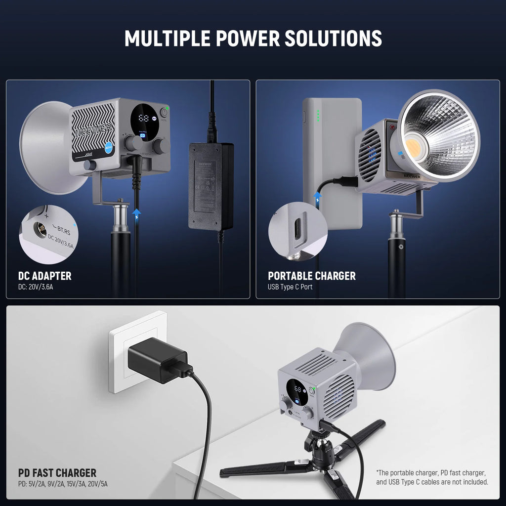 Square LED video light with reflector, showing power options via DC adapter, USB-C portable charger, or wall outlet.