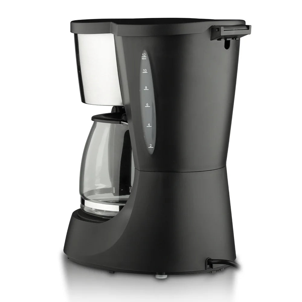 Black 12-cup drip coffee maker with glass carafe, stainless steel accents, and side water level window.