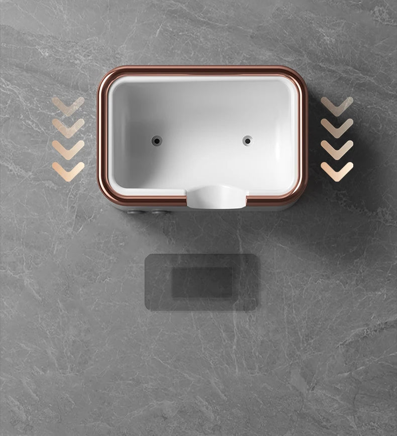 White and rose gold non-perforated wall-mounted hair dryer holder with adhesive mounting plate for bathroom storage.