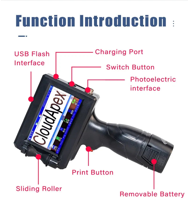 Portable handheld inkjet printer showing control buttons, charging port, and roller
