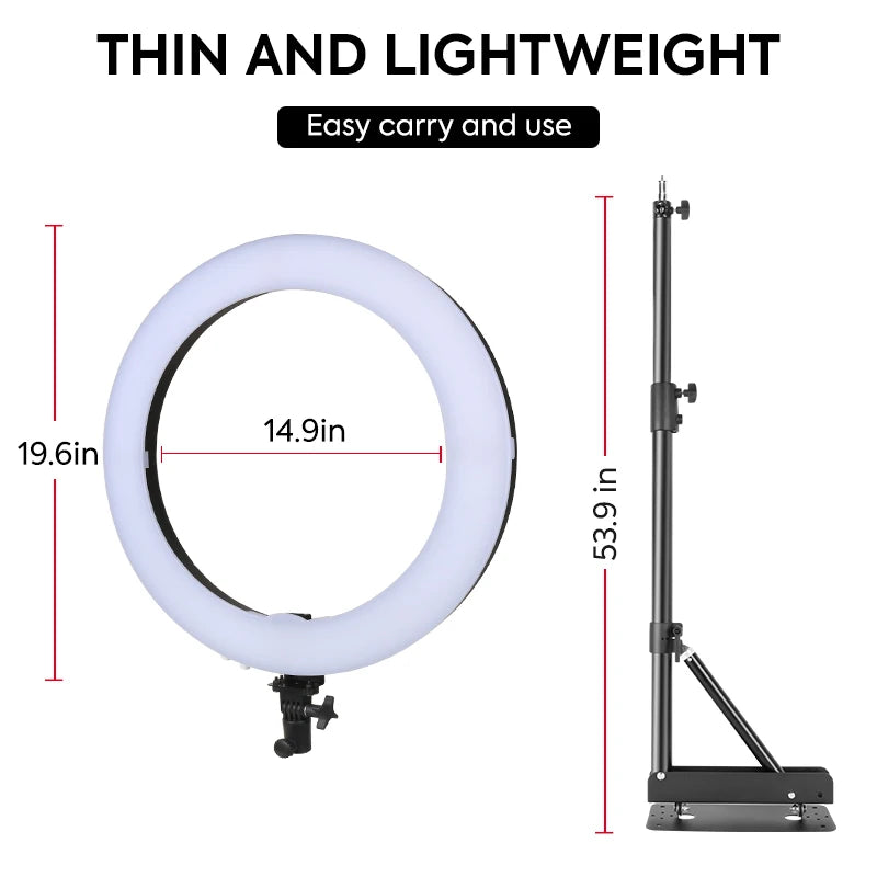 19.6-inch ring light with stand, 14.9-inch diameter, black metal construction, for photography and video lighting.