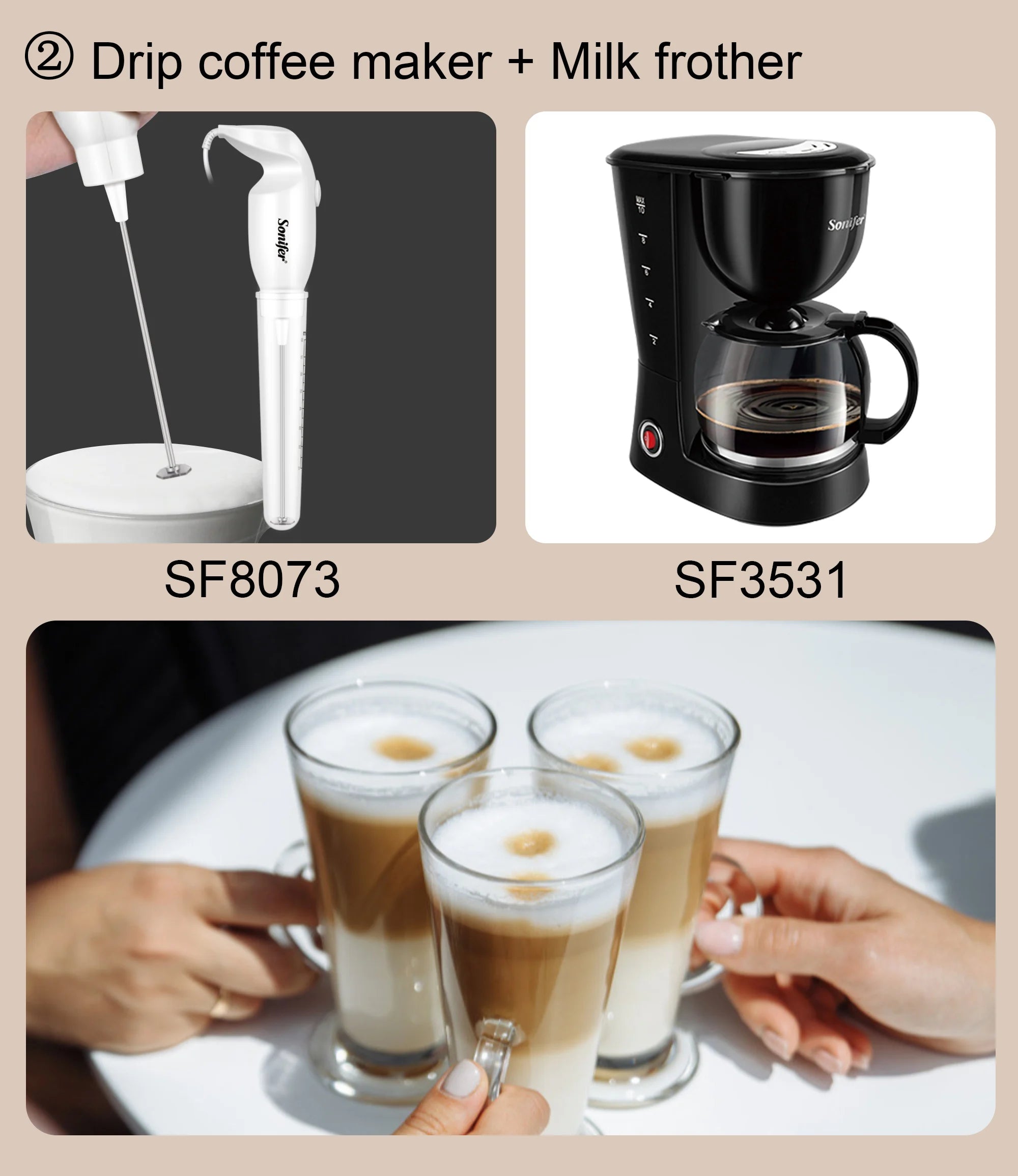 Sonifer black drip coffee maker SF3531 and white handheld milk frother SF8073 for preparing lattes.