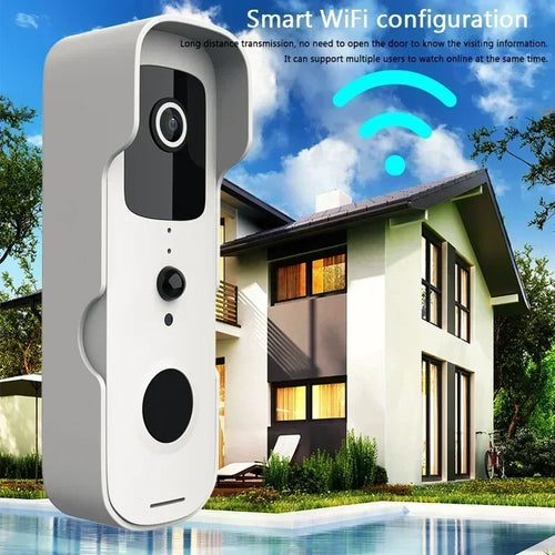 Smart video doorbell camera, white housing with lens and large circular doorbell button