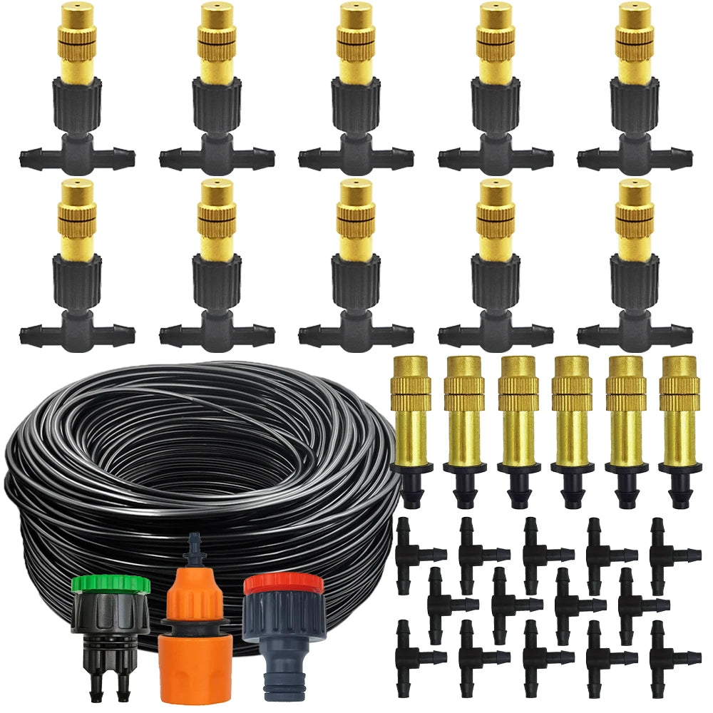 5M-30M Garden Brass Misting Cooling System Irrigation Watering 1/4'' Atomizer Nozzles 4/7mm Hose for Outdoor Greenhouse Pot