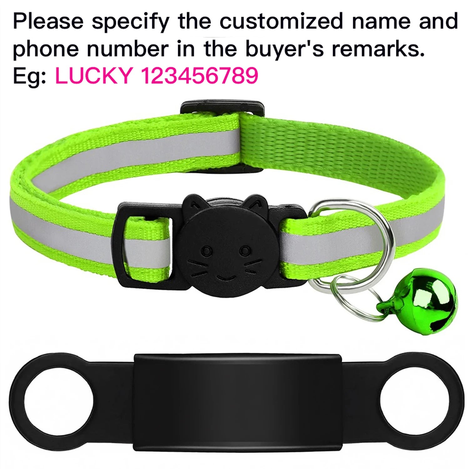 Customizable neon green reflective cat collar with anti-lost bell and engraved ID nameplate for safe, stylish pets.