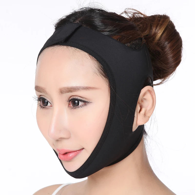 Woman wearing a black elastic V-line face slimming bandage strap that lifts the chin and cheeks.