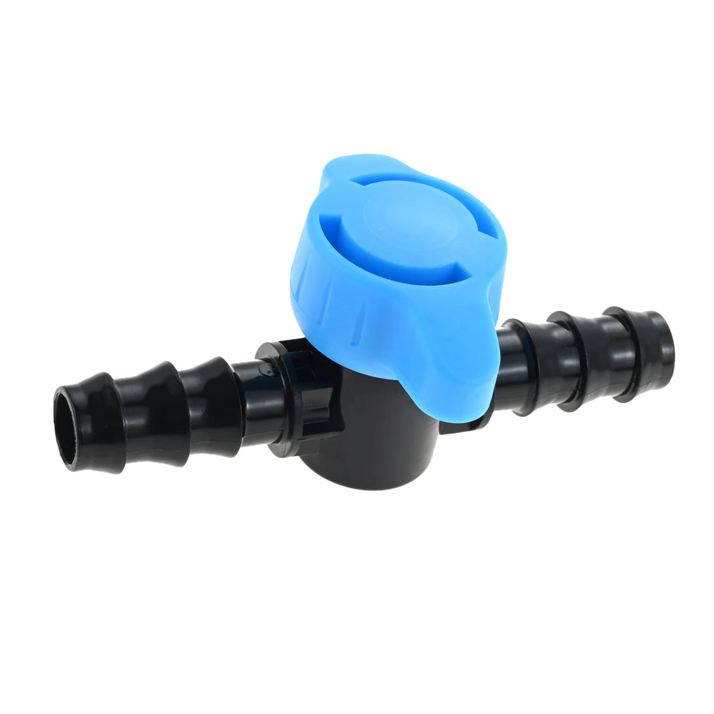 Drip irrigation shut-off valve with blue latch and black barbed connector for tubing