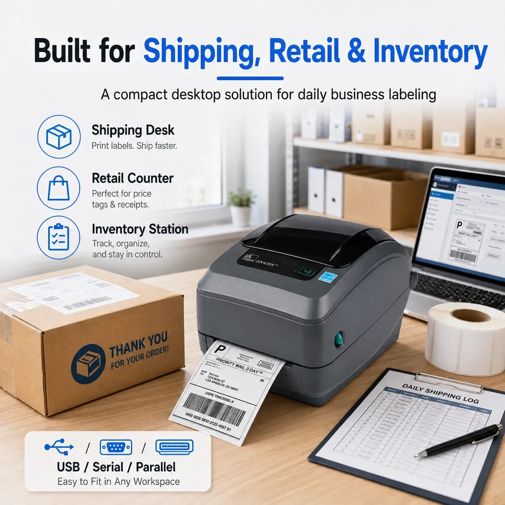 Desktop thermal transfer barcode label printer with front display and label feed slot