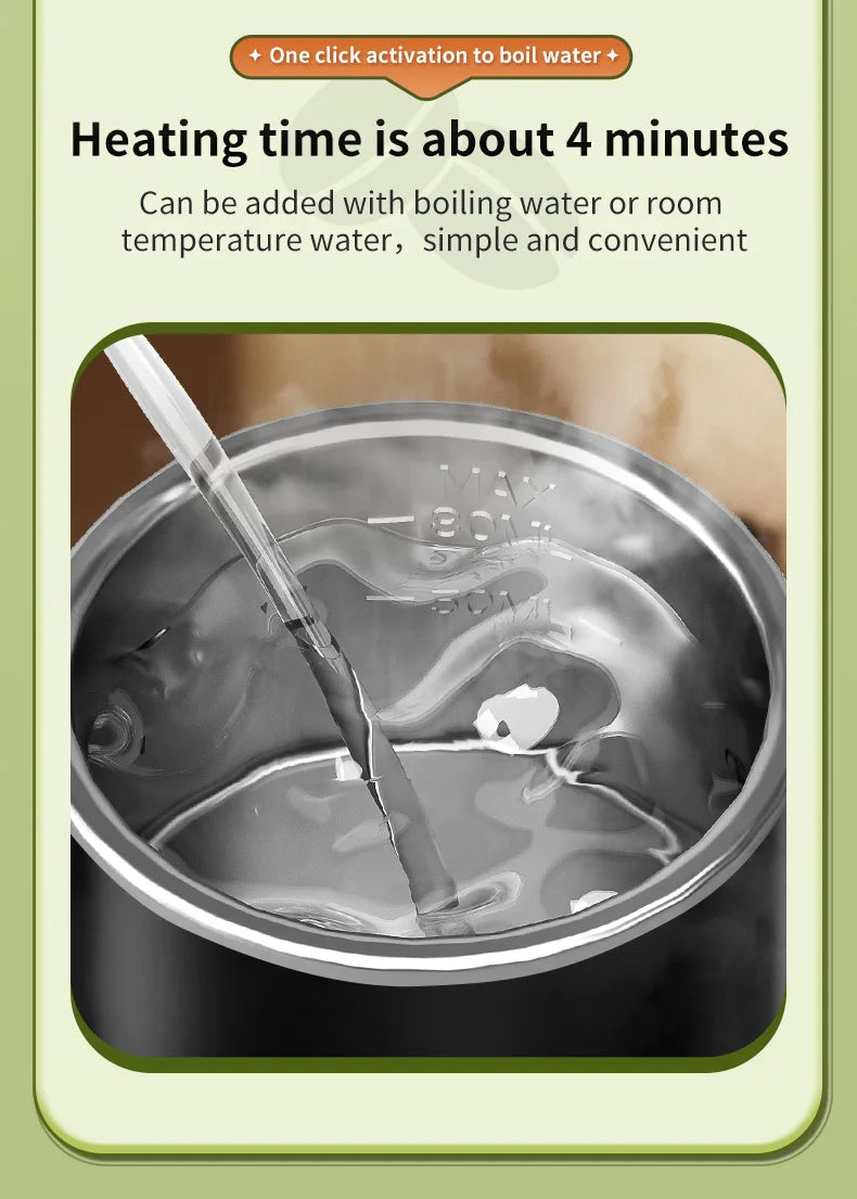 Black portable electric water heater cup, 350ml stainless steel interior with clear fill lines for fast boiling.