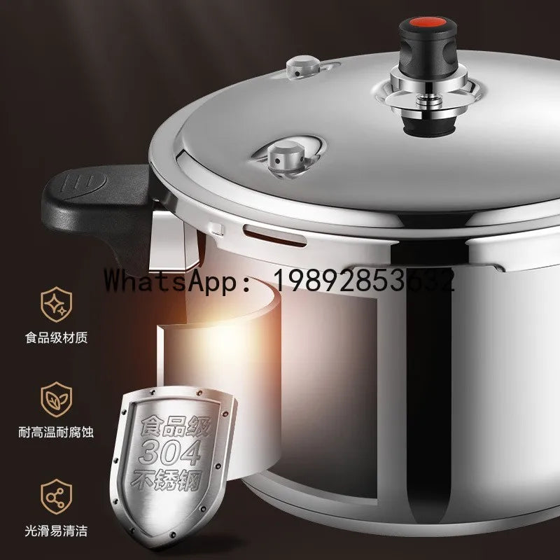 Stainless steel pressure cooker with close-up lid safety valve and protective label