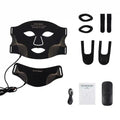 Black flexible silicone face and neck LED masks with straps, power cable, remote control, and user manual.