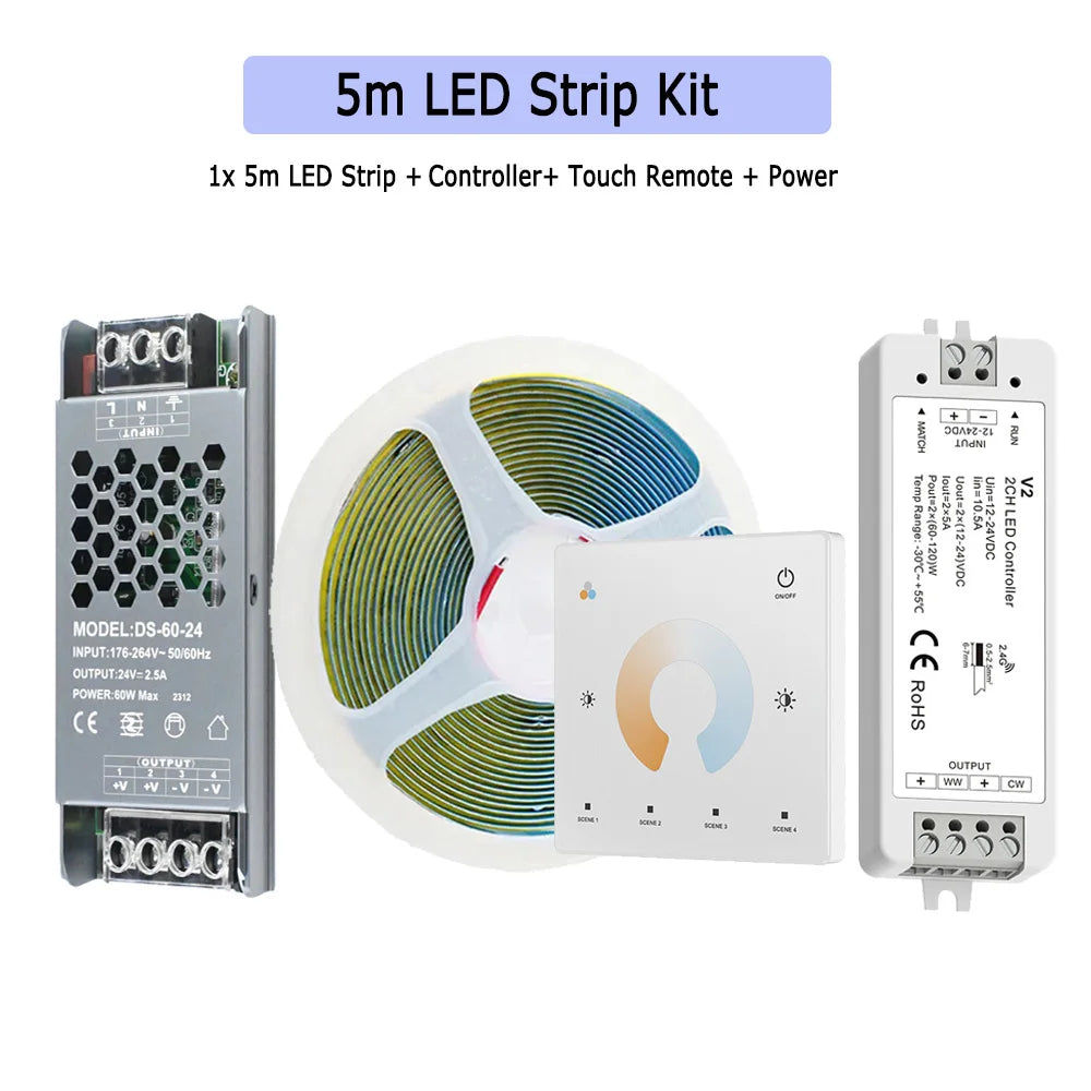 5m LED strip kit with controller, touch remote, power supply, and LED strip roll