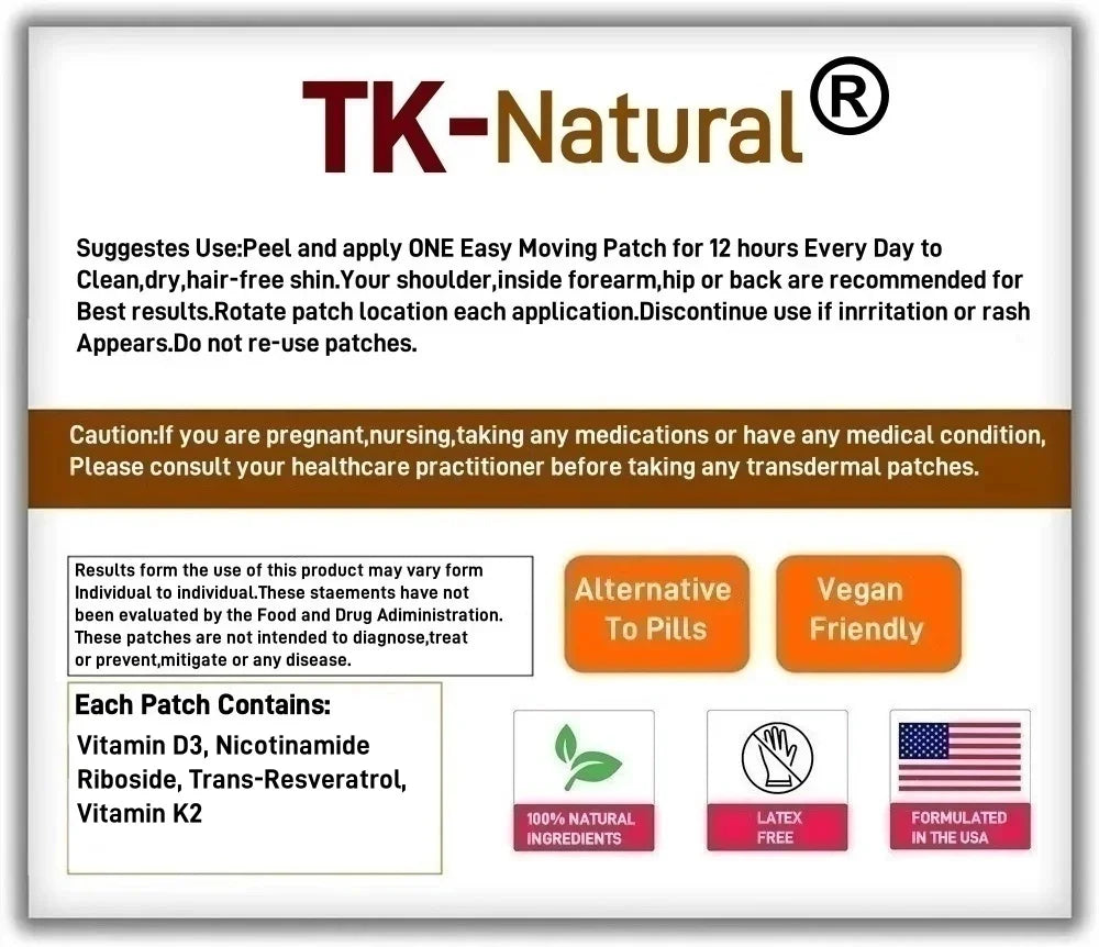 30 Patches NAD Transdermal Patches with Vitamin D3 and K2 (as MK7)  Trans-Resveratrol for Anti-Aging, Energy
