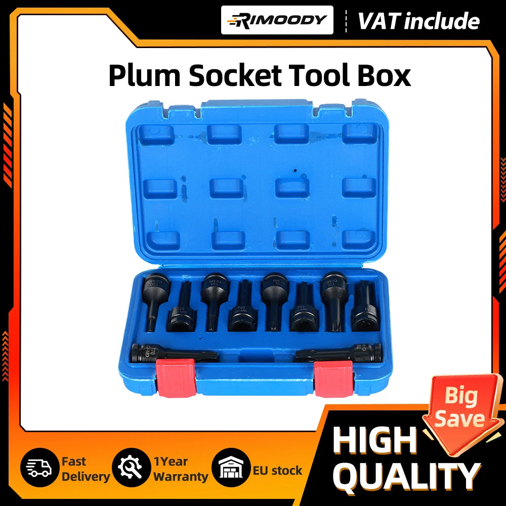 Podofo 10Pcs Hex Allen Torx Impact Socket Bit Set 1/2 Inch Drive T20 T25 T30 T80 with Tool Box for Car Garage Repair