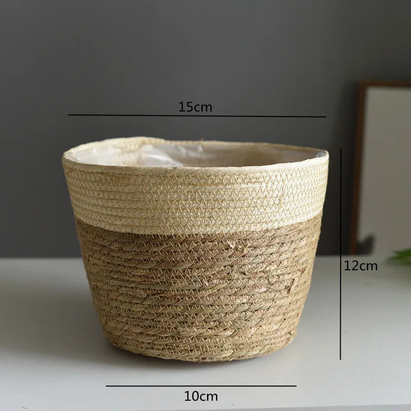 Cream straw woven plant pot basket with white inner liner, open rim