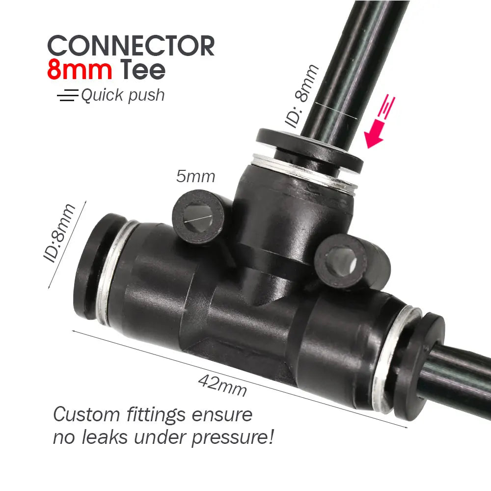 Black 8mm tee connector for PE hose with push-fit quick connector