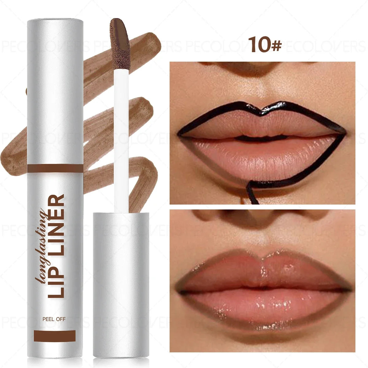 Brown peel-off matte lip liner (shade 10) with doe-foot applicator for long-wearing, waterproof, defined lip makeup.