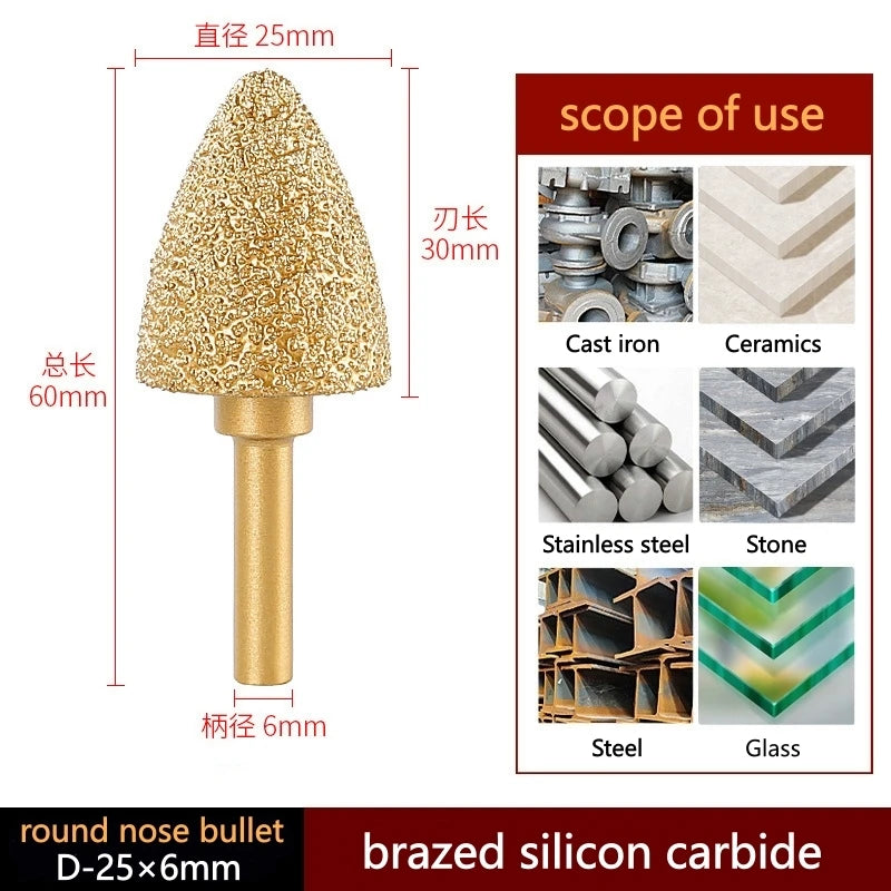 Gold brazed diamond grinding head with round pose bullet tip, 25mm diameter, 6mm shank