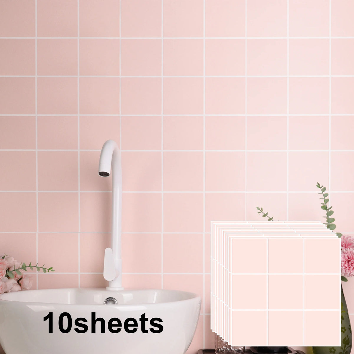 Light pink square grid peel-and-stick mosaic tile sheet sample for backsplash installation