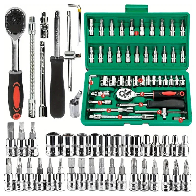 For Hous Auto Repair 46pc Drive Socket Set 1/4 inch Ratchet Wrench Set with Sockets Metric Hex Bit Socket Set Mechanic Tool Kits