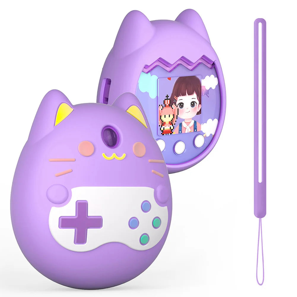 Purple silicone shockproof cover for Tamagotchi Pix virtual pet, features cute cat design and included hand strap.
