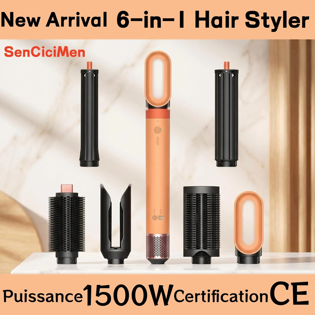 6-in-1 orange negative ion hair dryer set with curling attachments, blow dry brush, and styling tools for smooth hair.