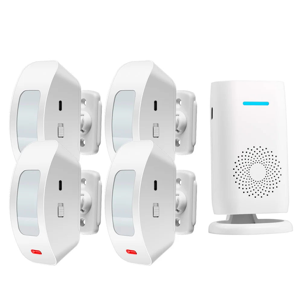 Wireless doorbell chime alarm kit with multiple wall chimes and PIR tabletop receiver