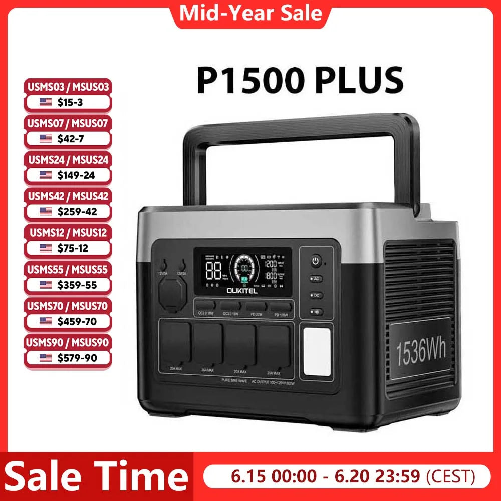 OUKITEL P1500 PLUS Portable  Power Station 1536Wh 1800W Solar Generator APP Control LiFePO4 Battery Generator for Travel Camping