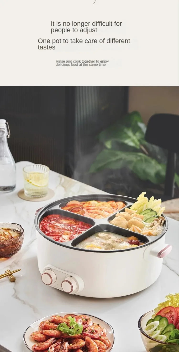 White 4-compartment electric hot pot with four simmering dishes and utensil placement