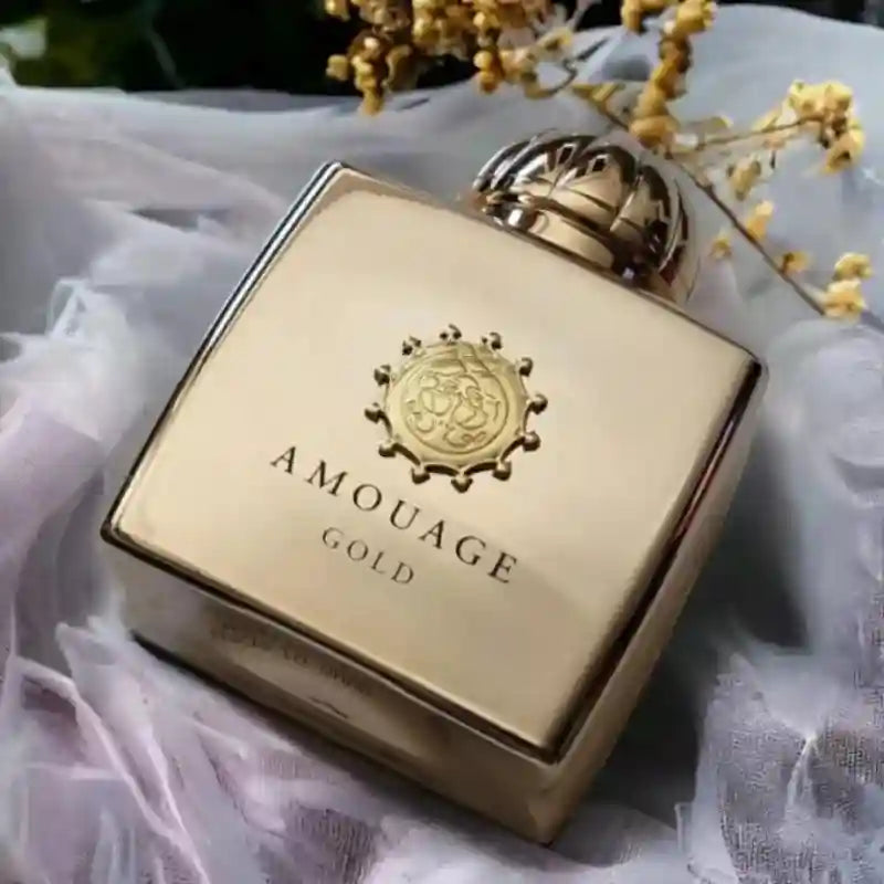 Amouage Gold 100ml EDP: Luxury woody oriental unisex perfume in a signature gold square bottle with a rounded dome cap.