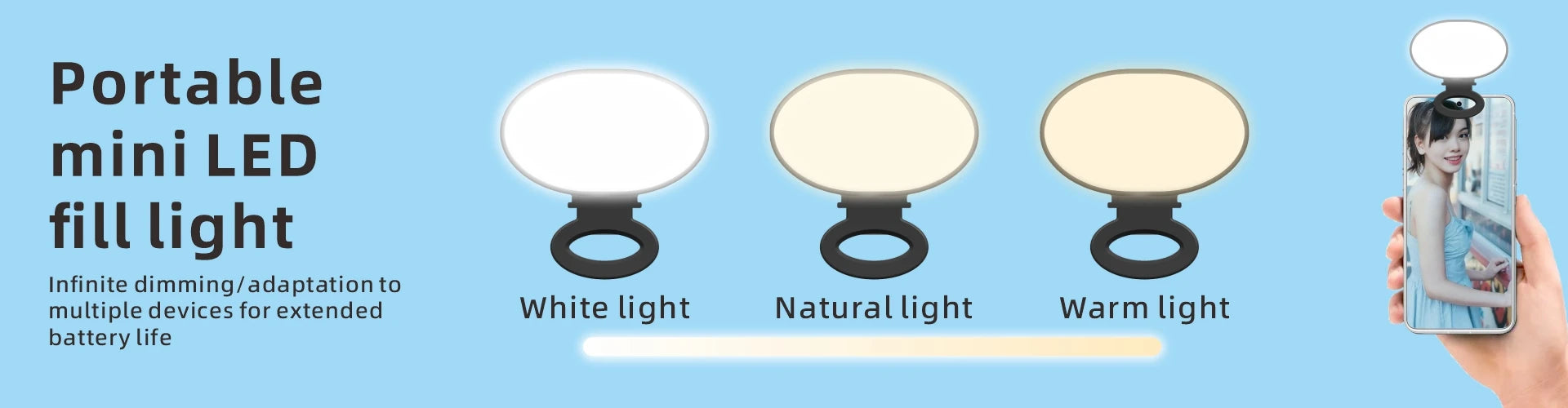 Portable oval LED clip-on fill light for smartphones with adjustable white, natural, and warm lighting modes.