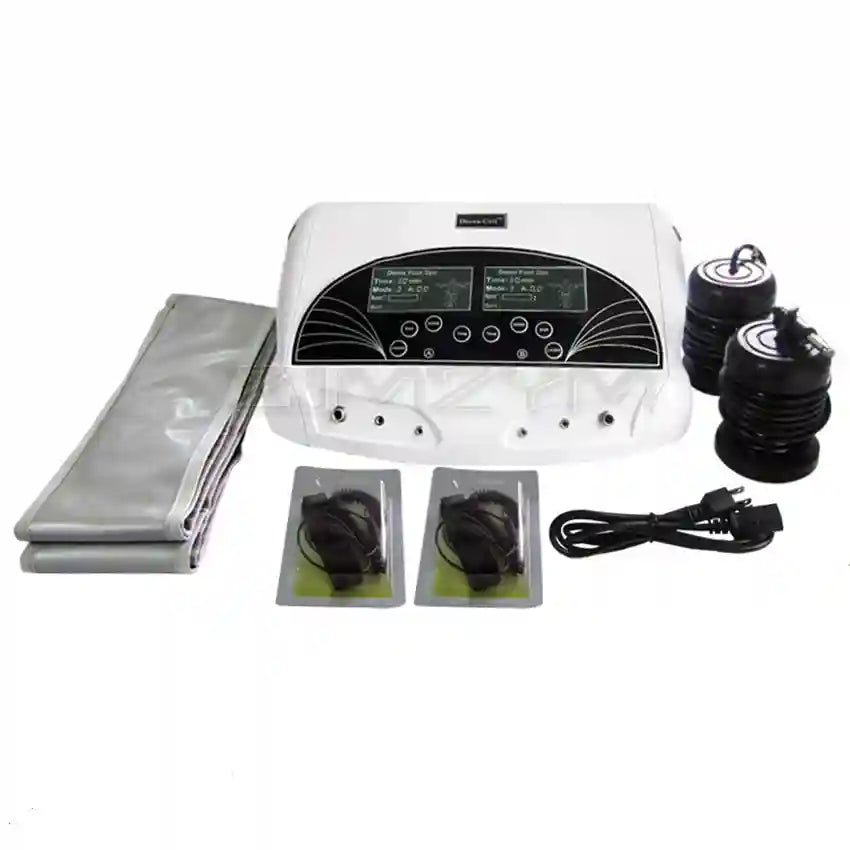 Dual ionic detox foot spa machine with LCD control unit, far infrared heating belt, two ion arrays, and power cord.