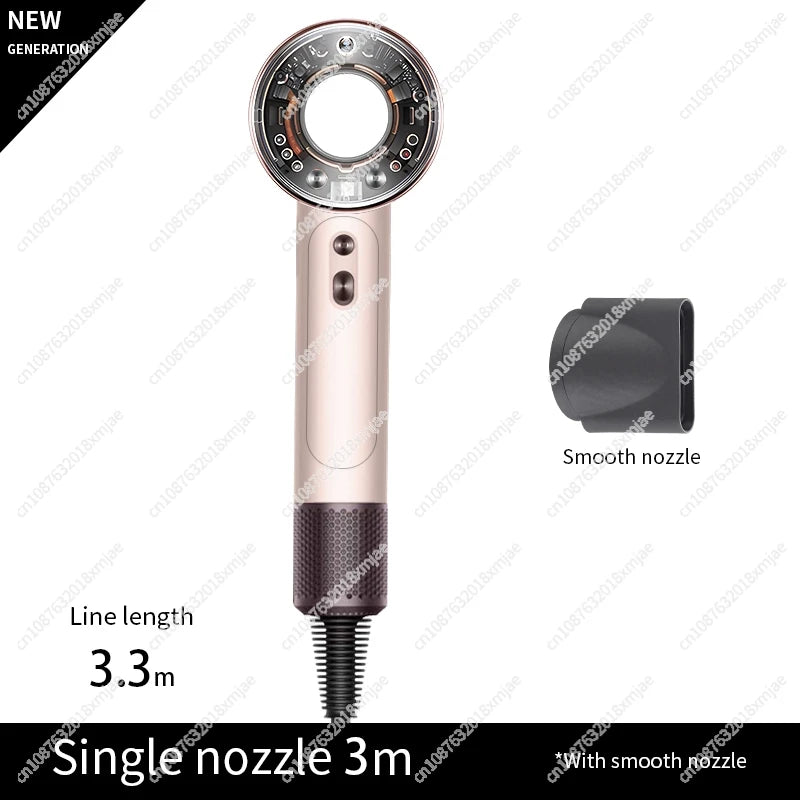 Pink ionic hair dryer with smooth nozzle attachment and circular control dial