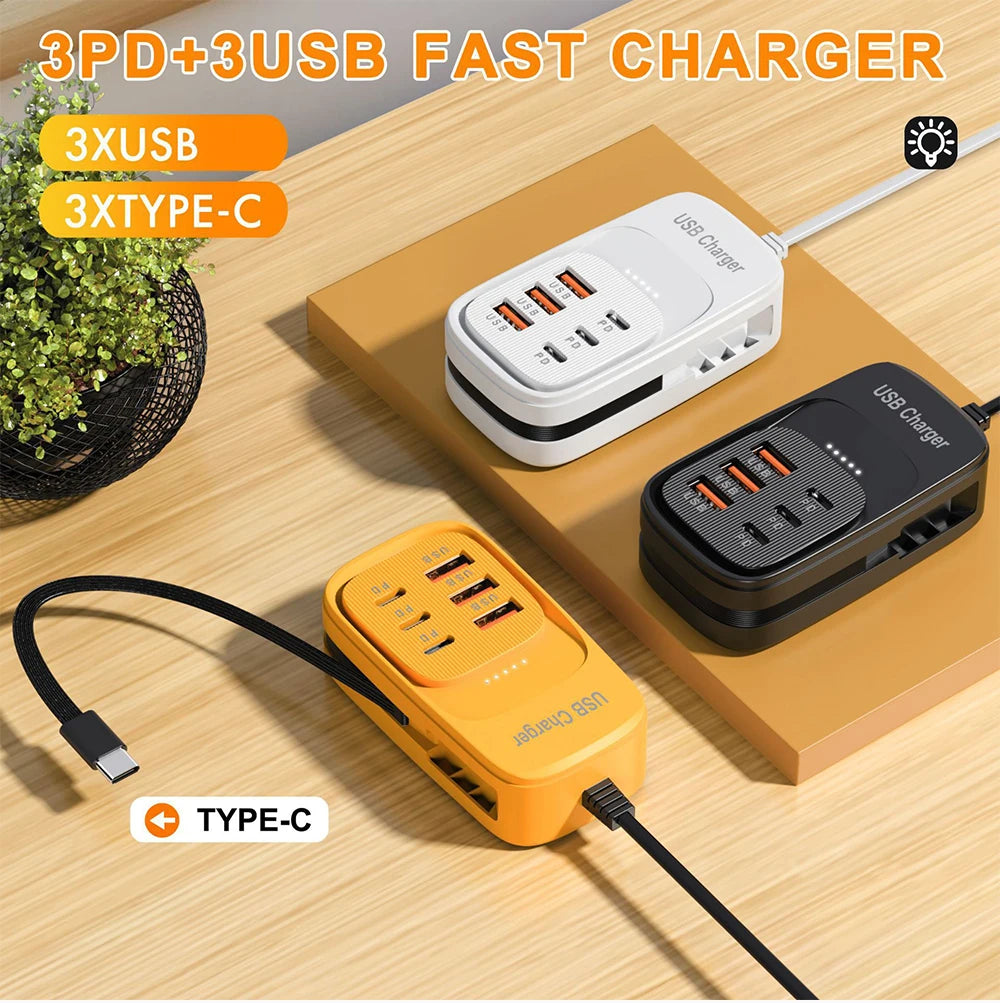 EU/US/UK 6-Ports USB Charging Extension Socket with Type-C Cable 3USB 3PD Power Strip Desktop Charging Station HUB Adapter 5V2A