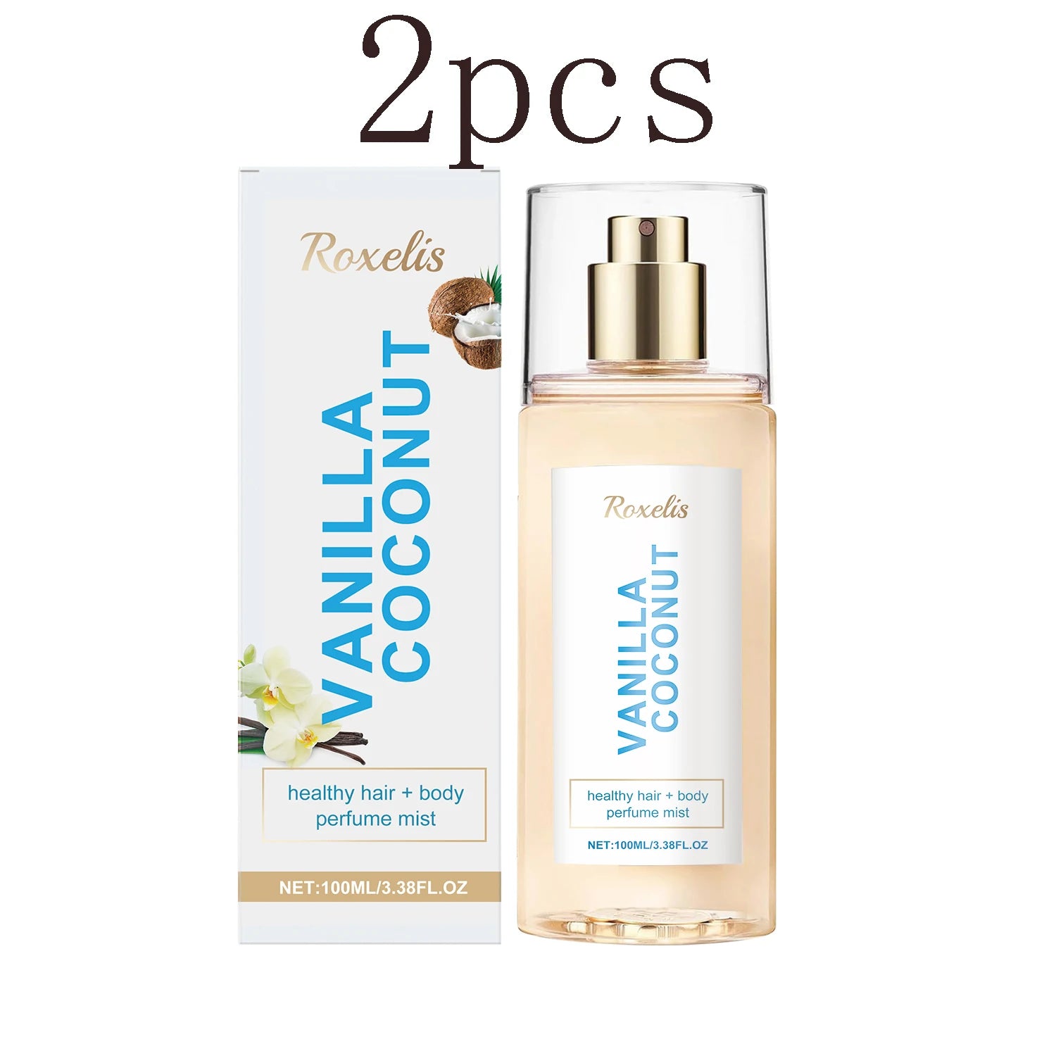 Roxelis Vanilla Coconut 2pcs body mist, long-lasting hair & body fragrance in a clear cylindrical travel spray bottle.