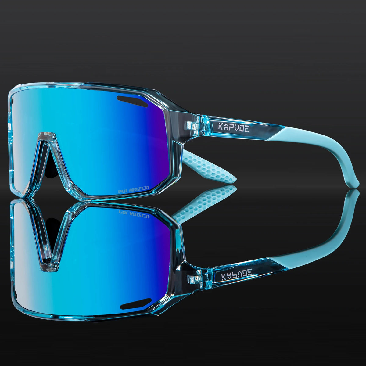 Kids polarized sport sunglasses with light blue frame and blue mirrored lenses.